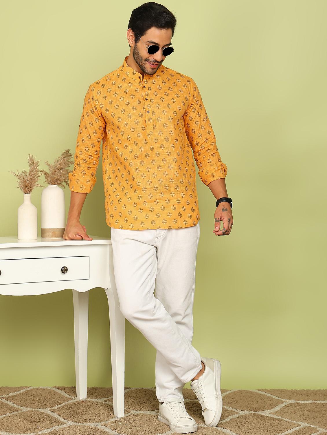 men printed mandarin neck short kurta - 21961381 - Standard Image - 4