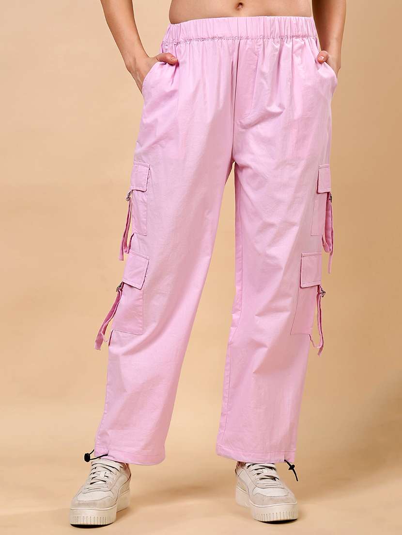 women pink solid mid rise cargo