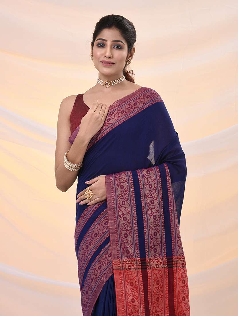women solid with bordered saree with blouse - 21961496 -  Standard Image - 4