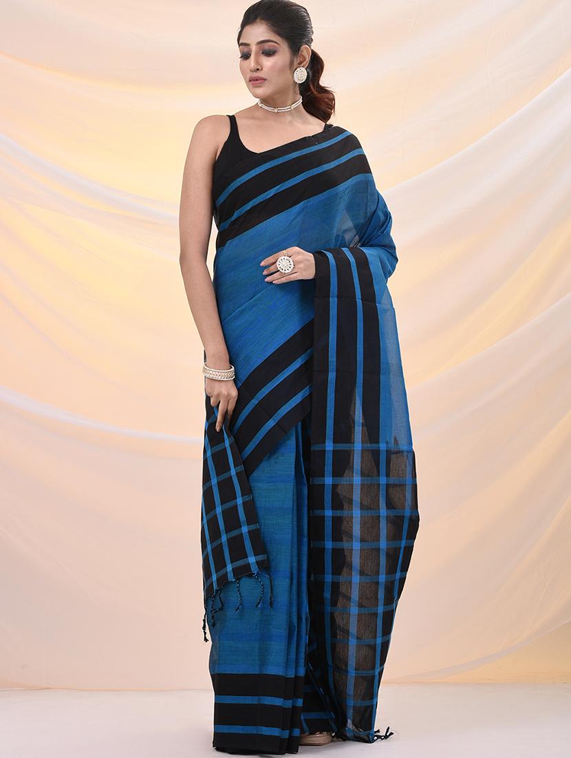 women solid with striped bordered saree with blouse - 21961510 - Standard Image - 1