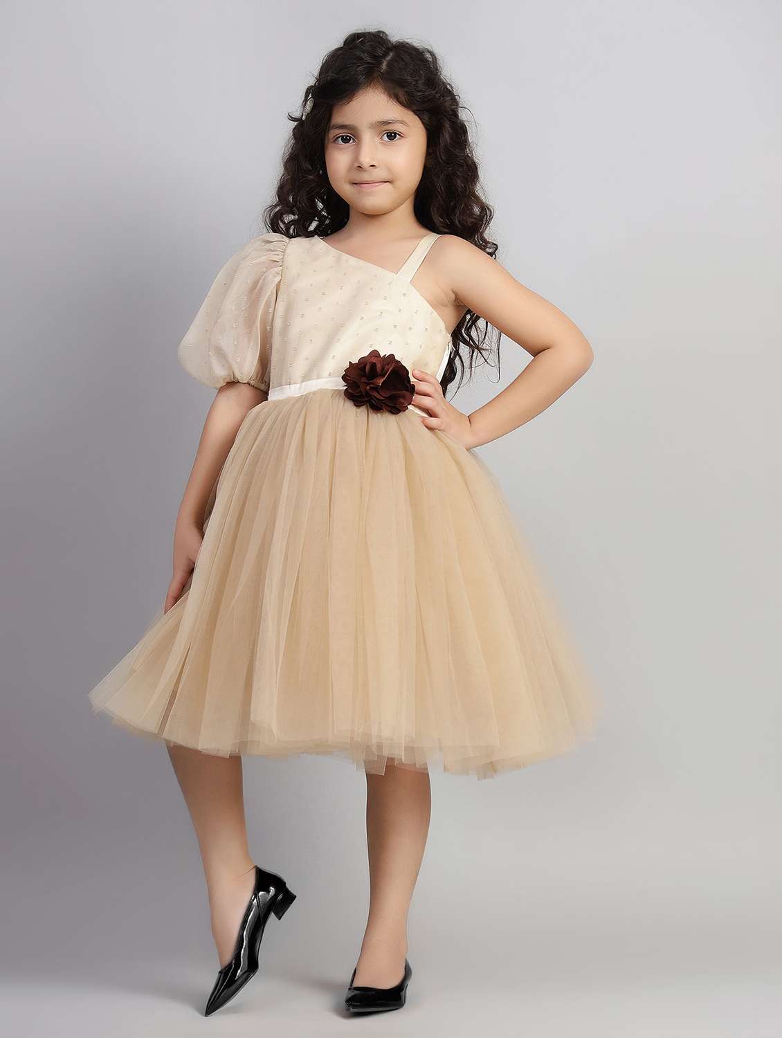 girls solid single shoulder fit & flare dress  - 21961538 -  Standard Image - 1