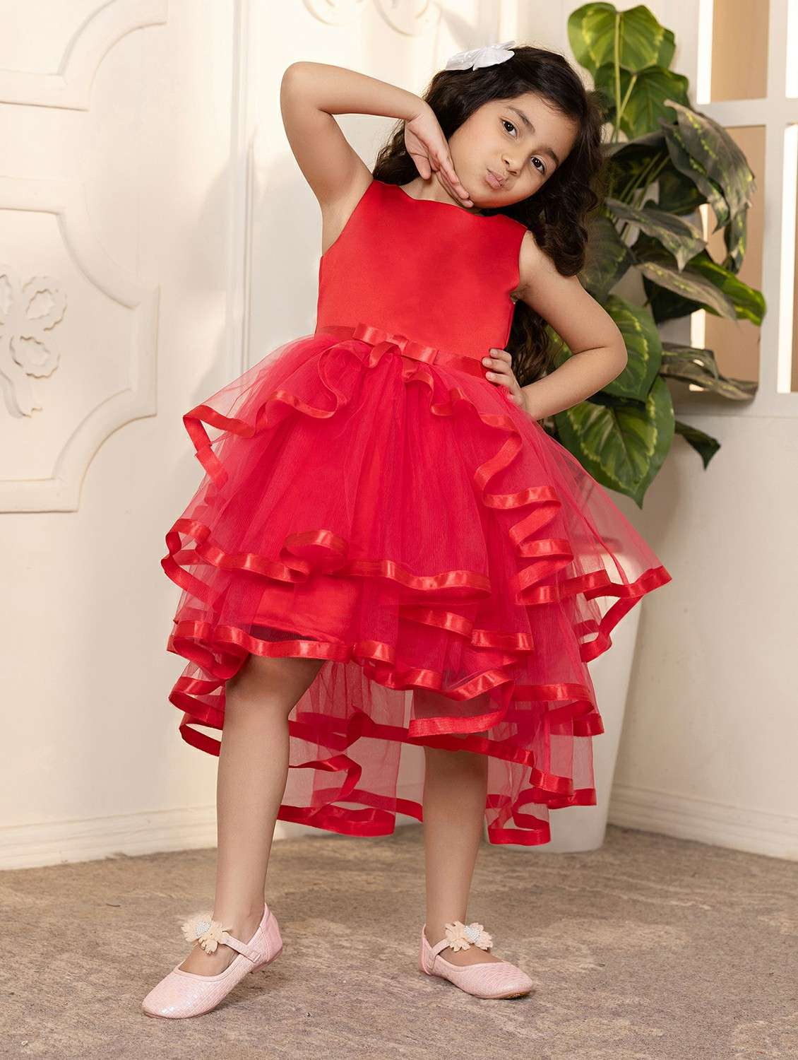 girls solid sleeveless ruffled dress