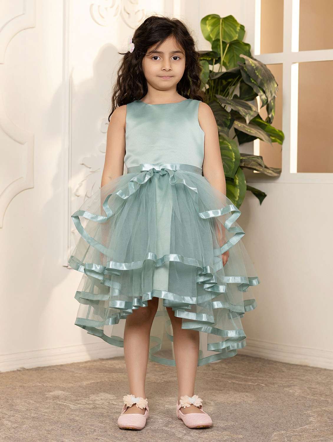 girls solid sleeveless ruffled dress