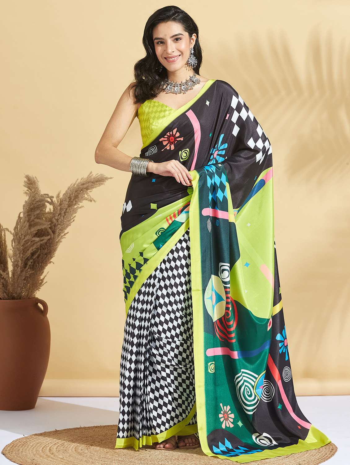 women checkered ready to wear saree with blouse