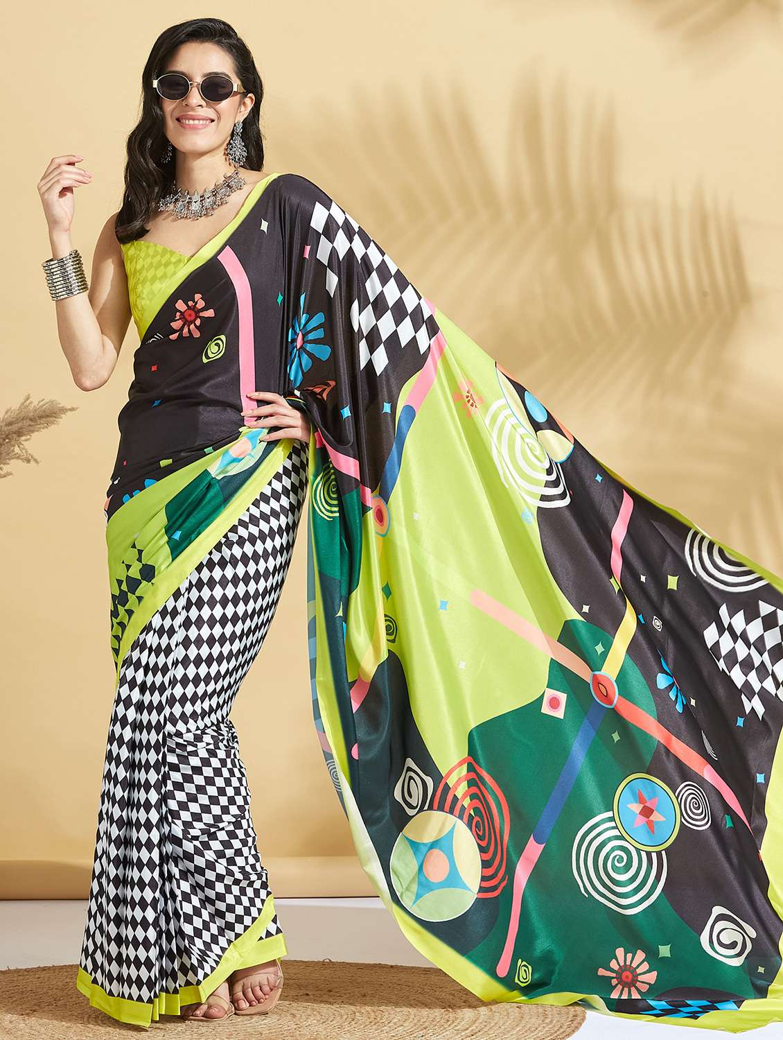 women checkered ready to wear saree with blouse - 21961593 -  Standard Image - 1
