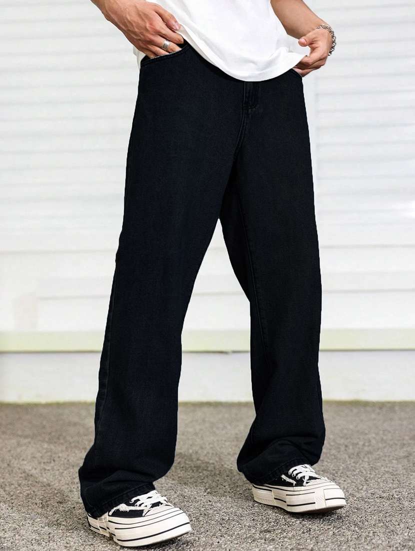 men solid mid rise full length baggy jeans