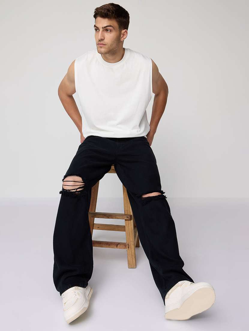 men slash knee mid rise full length baggy jeans - 21961626 -  Standard Image - 4