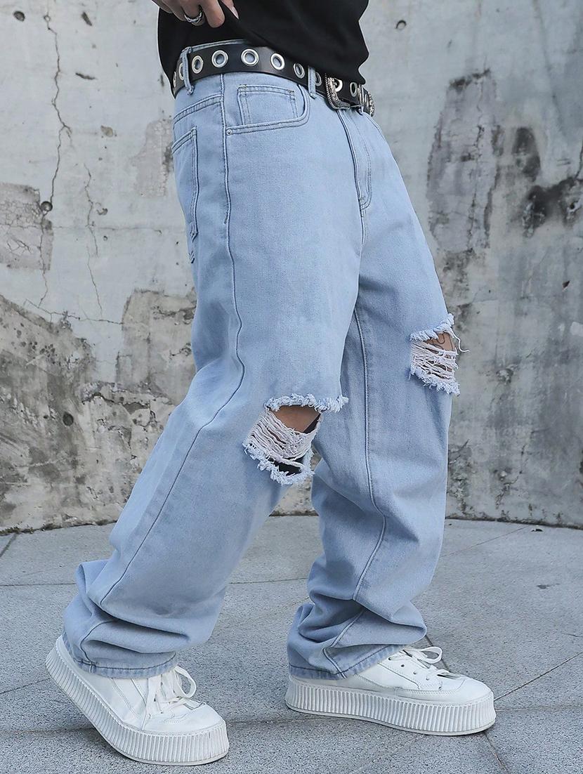men slash knee mid rise full length baggy jeans - 21961628 - Standard Image - 1