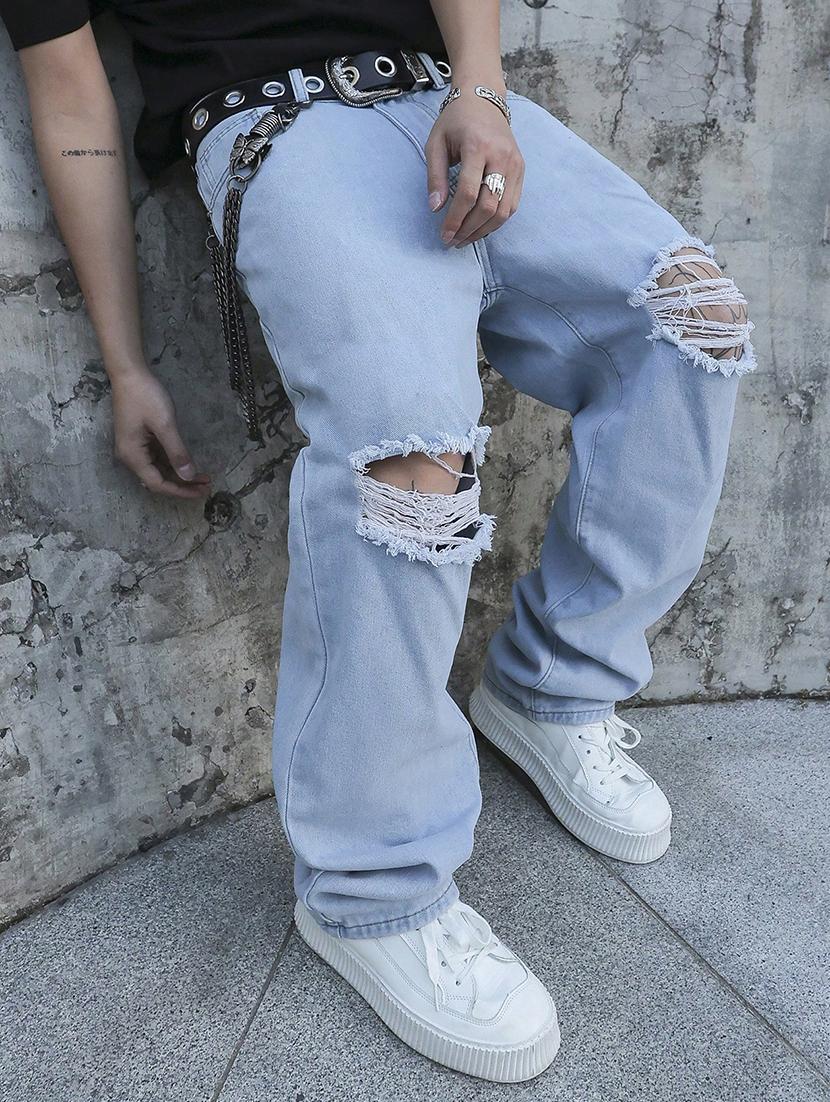 men slash knee mid rise full length baggy jeans - 21961628 - Standard Image - 4