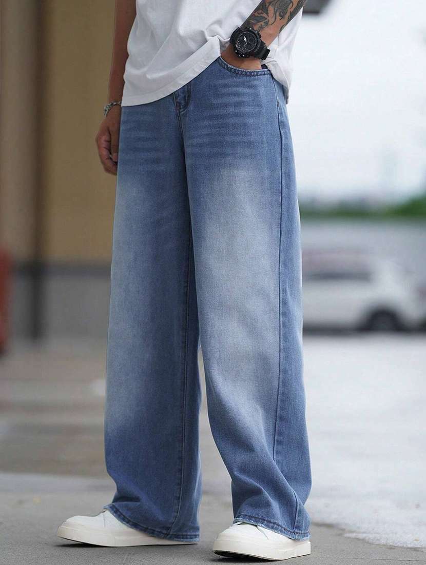 men washed mid rise full length baggy jeans
