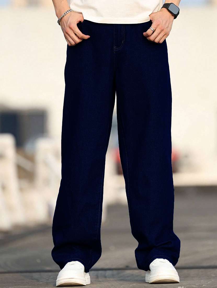 men washed mid rise full length baggy jeans