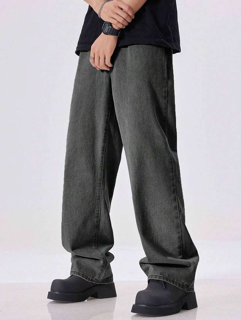 men washed mid rise full length baggy jeans