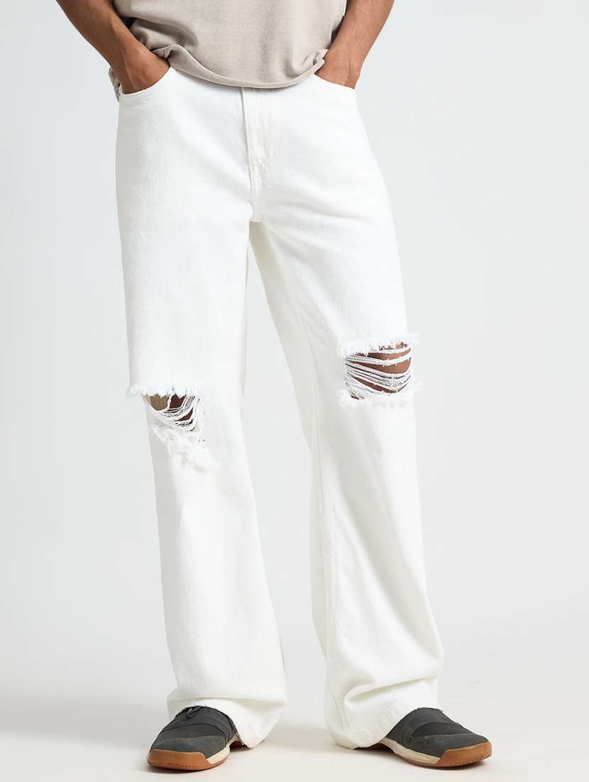 men slash knee mid rise full length baggy jeans