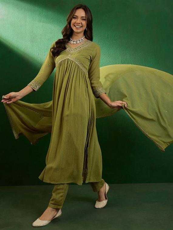 women three quarter sleeve anarkali kurta pant with dupatta set - 21961681 - Standard Image - 1