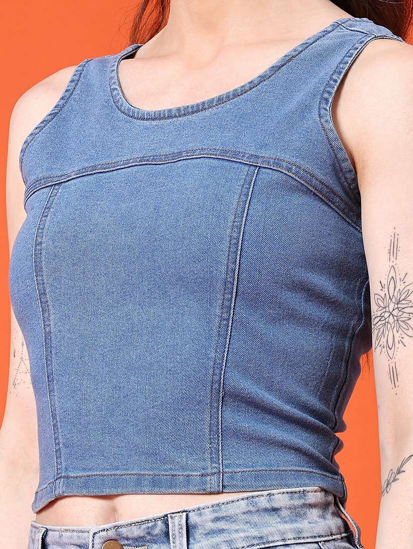 women solid sleeveless denim crop top - 21961779 -  Standard Image - 1