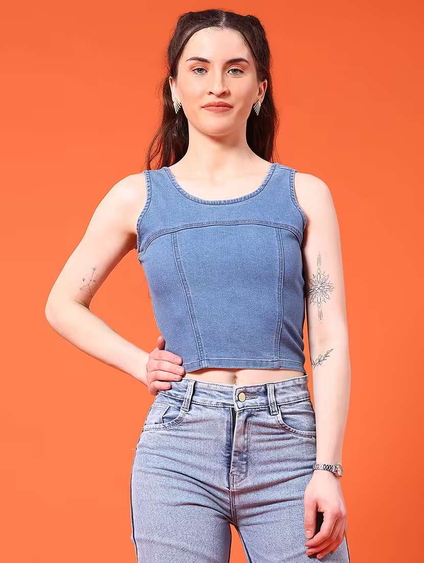 women solid sleeveless denim crop top - 21961779 -  Standard Image - 1