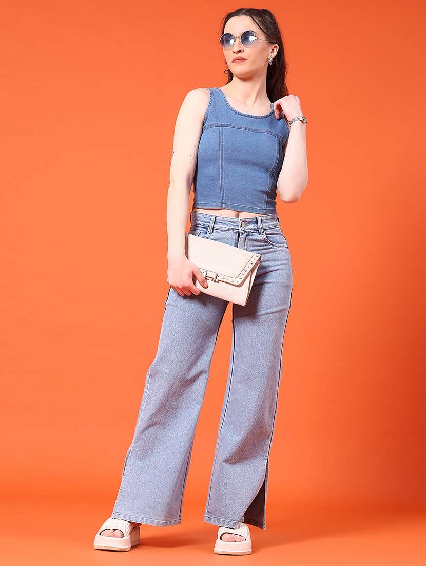 women solid sleeveless denim crop top - 21961779 -  Standard Image - 4