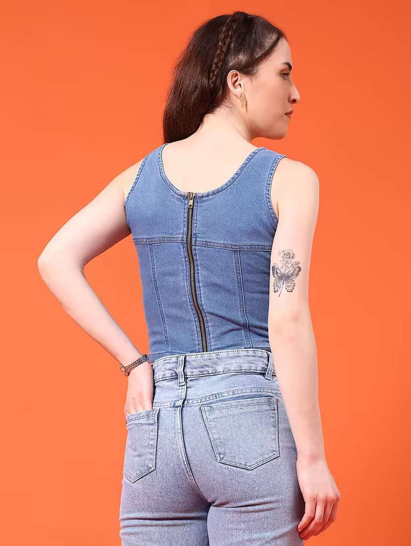 women solid sleeveless denim crop top - 21961779 -  Standard Image - 4