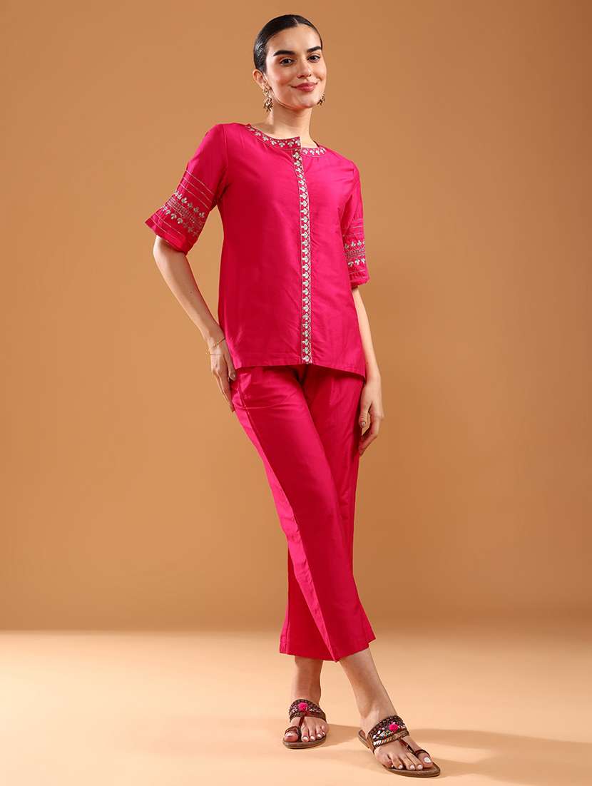 women solid with work short sleeve ethnic co-ord set - 21961843 -  Standard Image - 1