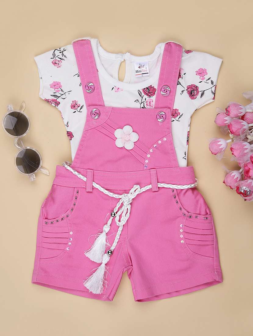 girls printed t-shirt & dunagree casual wear set