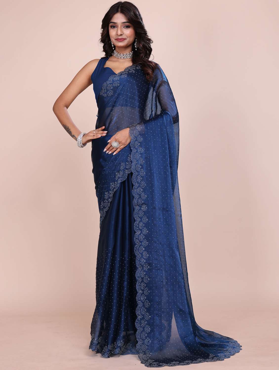 women solid with work embellished saree with blouse