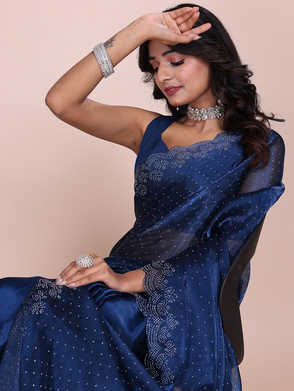 women solid with work embellished saree with blouse - 21962023 - Standard Image - 4