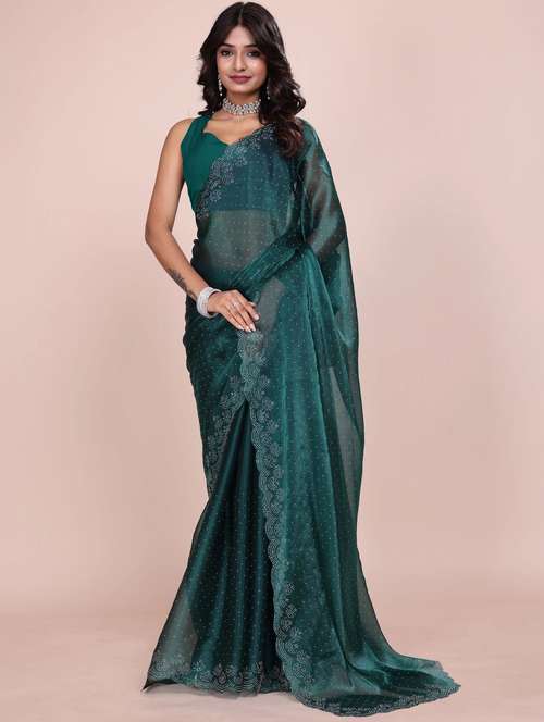 women solid with work embellished saree with blouse - 21962024 -  Standard Image - 0