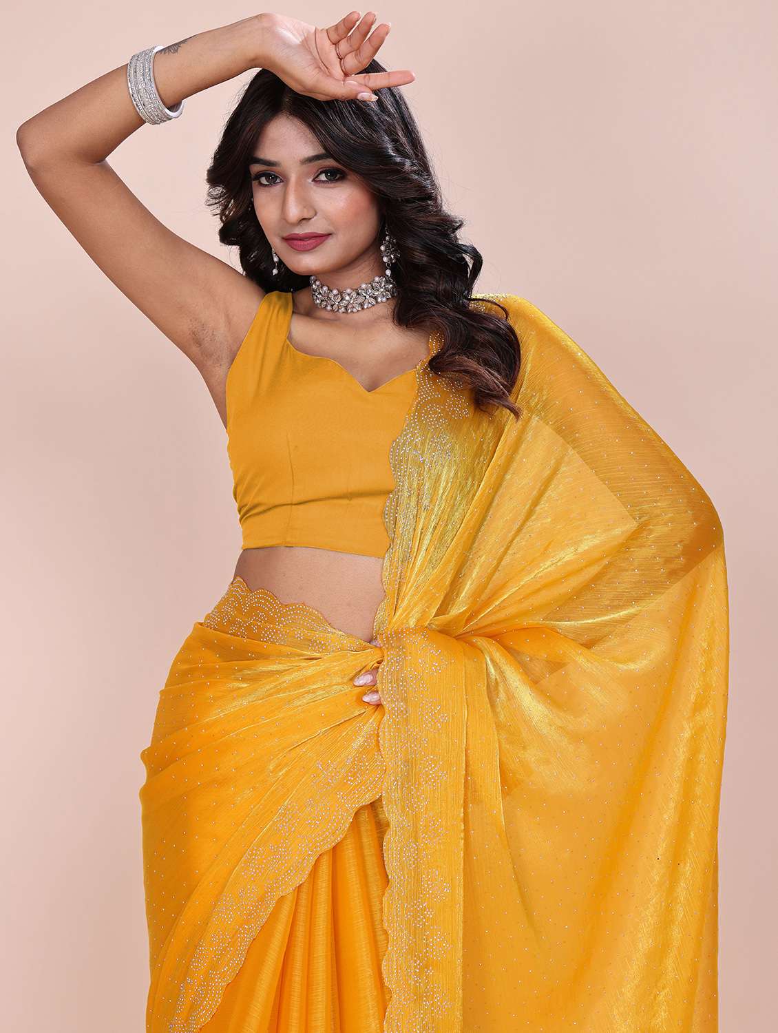 women solid with work embellished saree with blouse - 21962028 -  Standard Image - 4