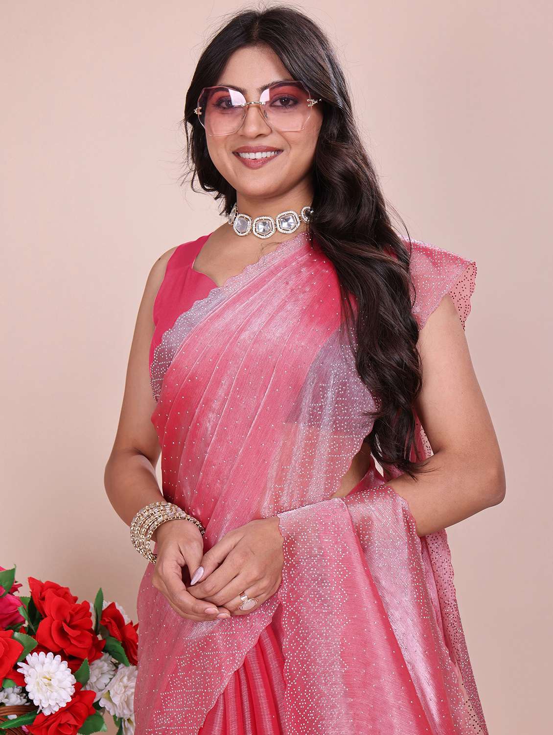 women solid with work embellished saree with blouse - 21962042 -  Standard Image - 4