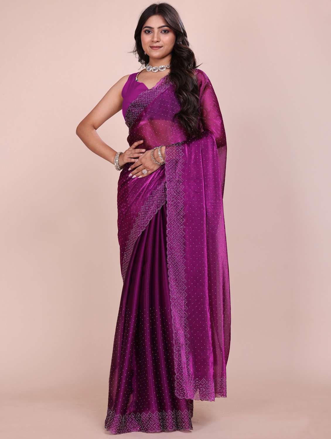 women solid with work embellished saree with blouse