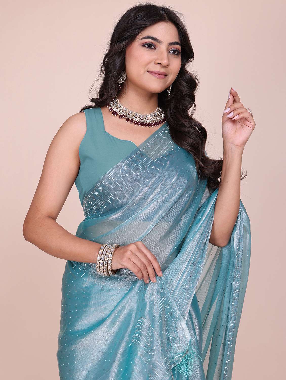 women solid with work embellished saree with blouse - 21962049 -  Standard Image - 4