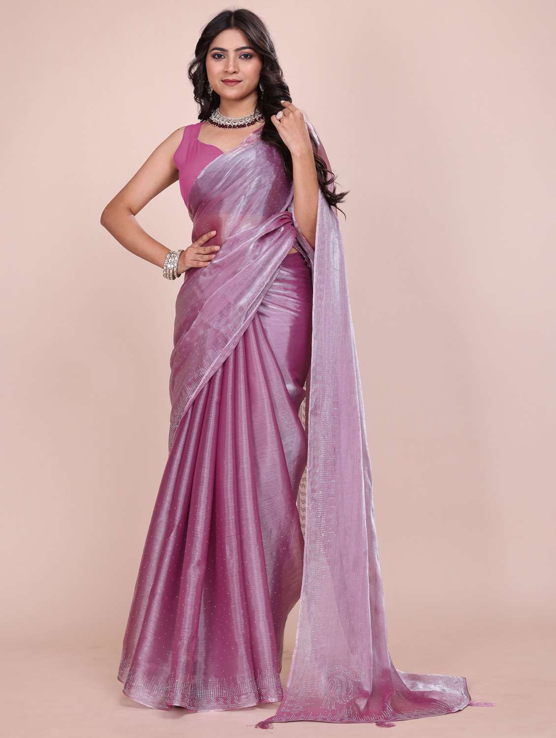 women solid with work embellished saree with blouse