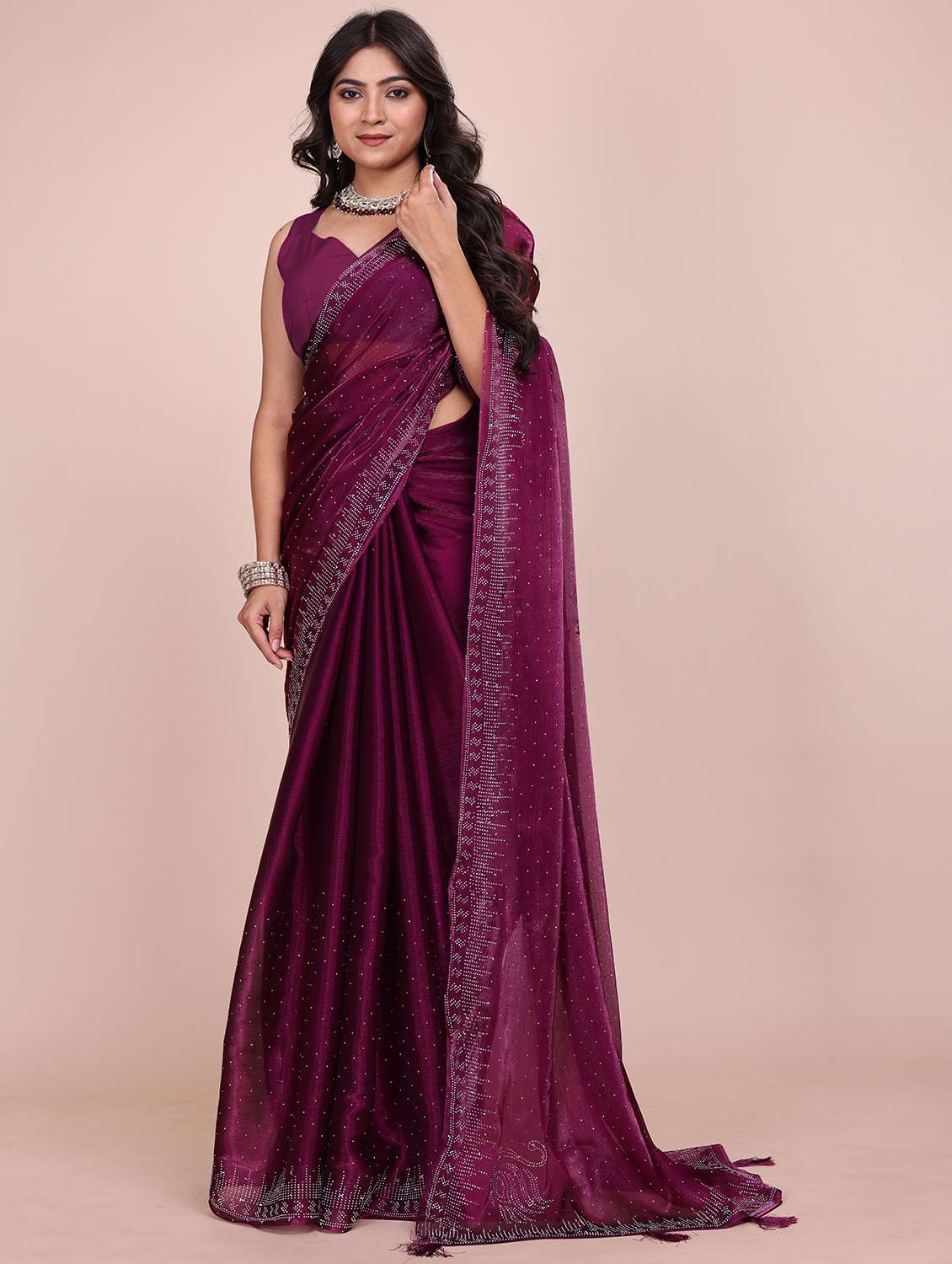 women solid with work embellished saree with blouse