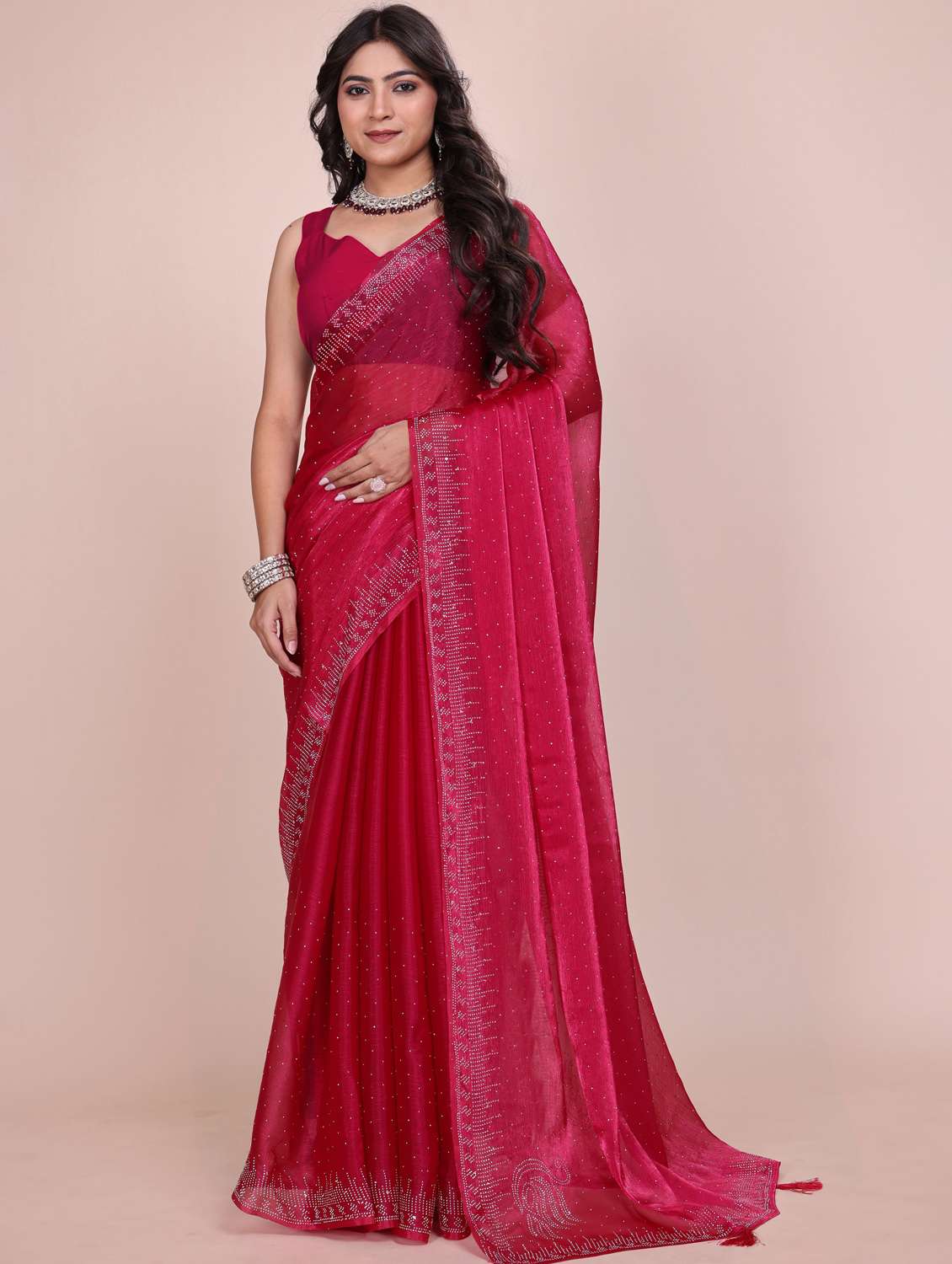 women solid with work embellished saree with blouse