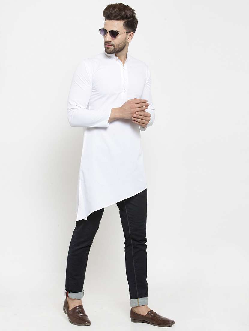 men solid mandarin neck asymmetric kurta - 21962071 - Zoom Image - 0
