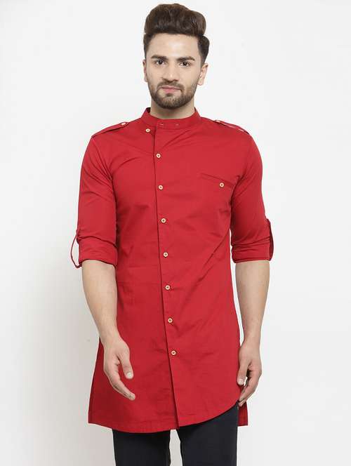men solid mandarin neck asymmetric kurta - 21962082 - Standard Image - 0