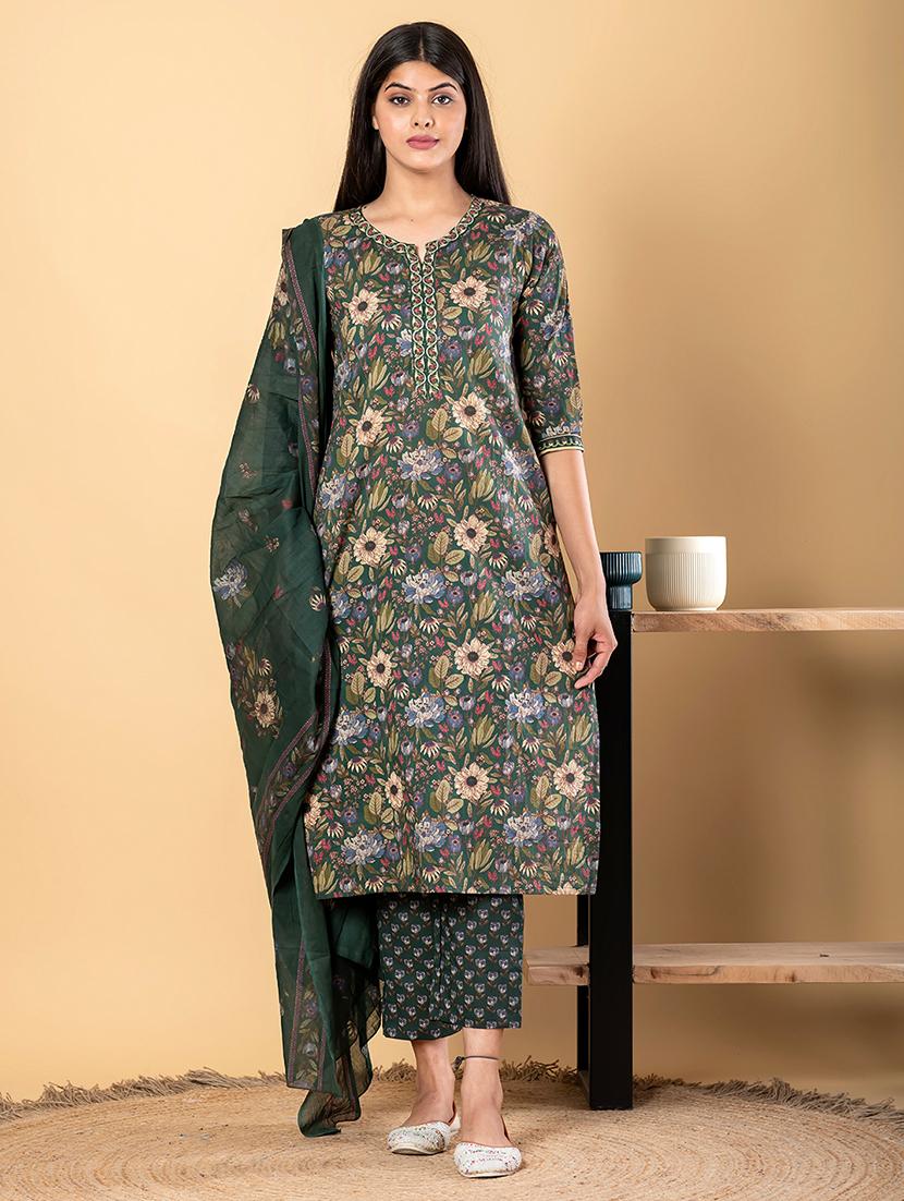 women three quarter sleeve kurta pant with dupatta set - 21962176 - Standard Image - 1