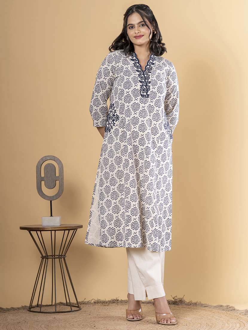women three quarter sleeve kurta pant set - 21962198 -  Standard Image - 1