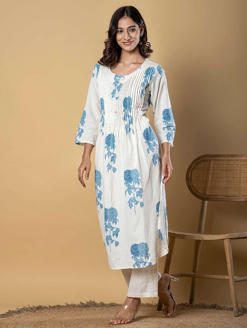 women printed three quarter sleeve kurta pant set - 21962221 -  Standard Image - 1