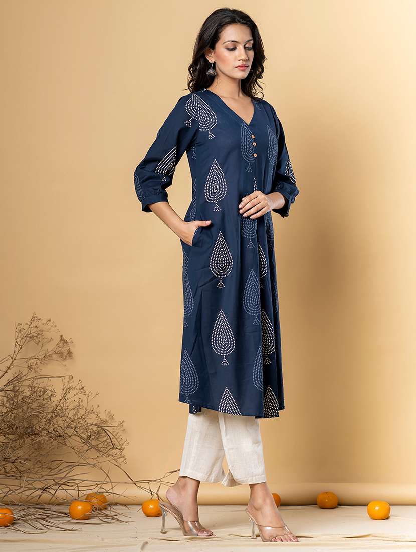 women printed three quarter sleeve kurta pant set - 21962223 -  Standard Image - 1