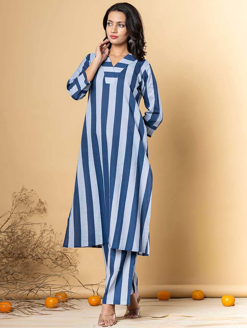 women striped three quarter sleeve kurta pant set - 21962224 -  Standard Image - 1