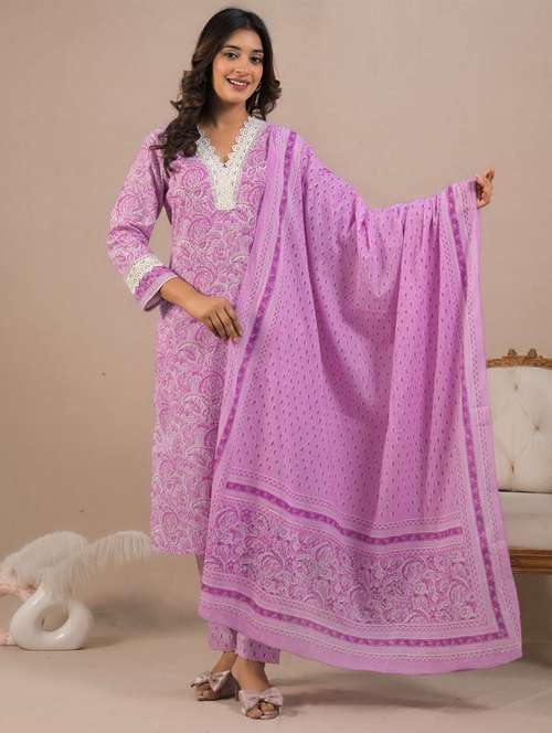 women three quarter sleeve kurta pant with dupatta set - 21962259 -  Standard Image - 0