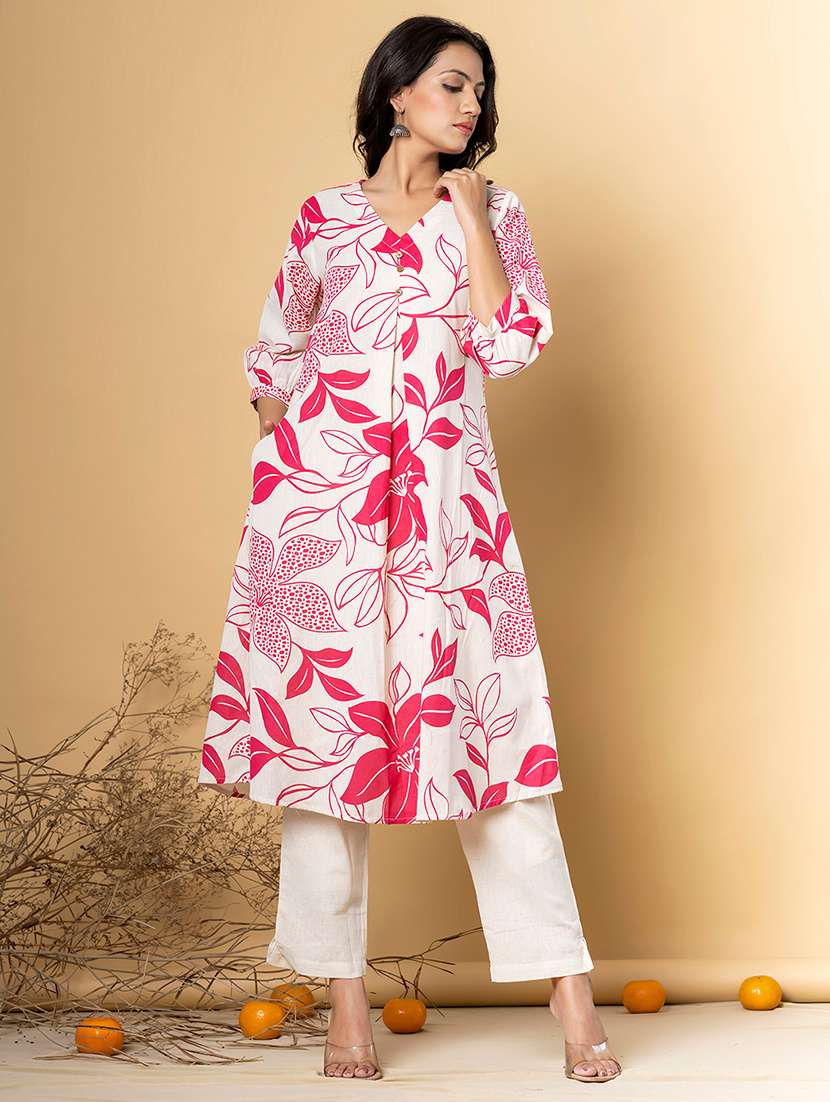 women printed three quarter sleeve kurta pant set - 21962271 -  Standard Image - 1