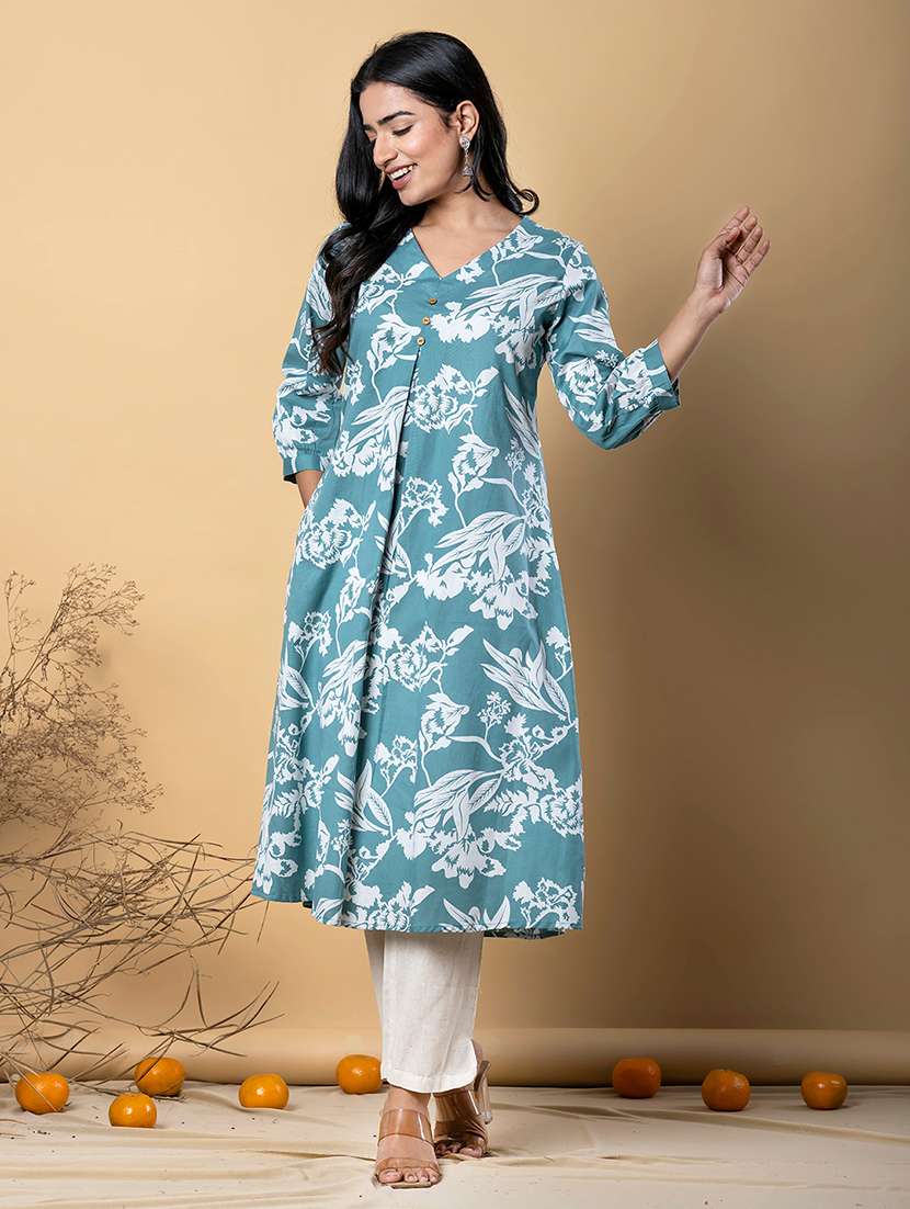 women printed three quarter sleeve kurta pant set - 21962276 -  Standard Image - 1
