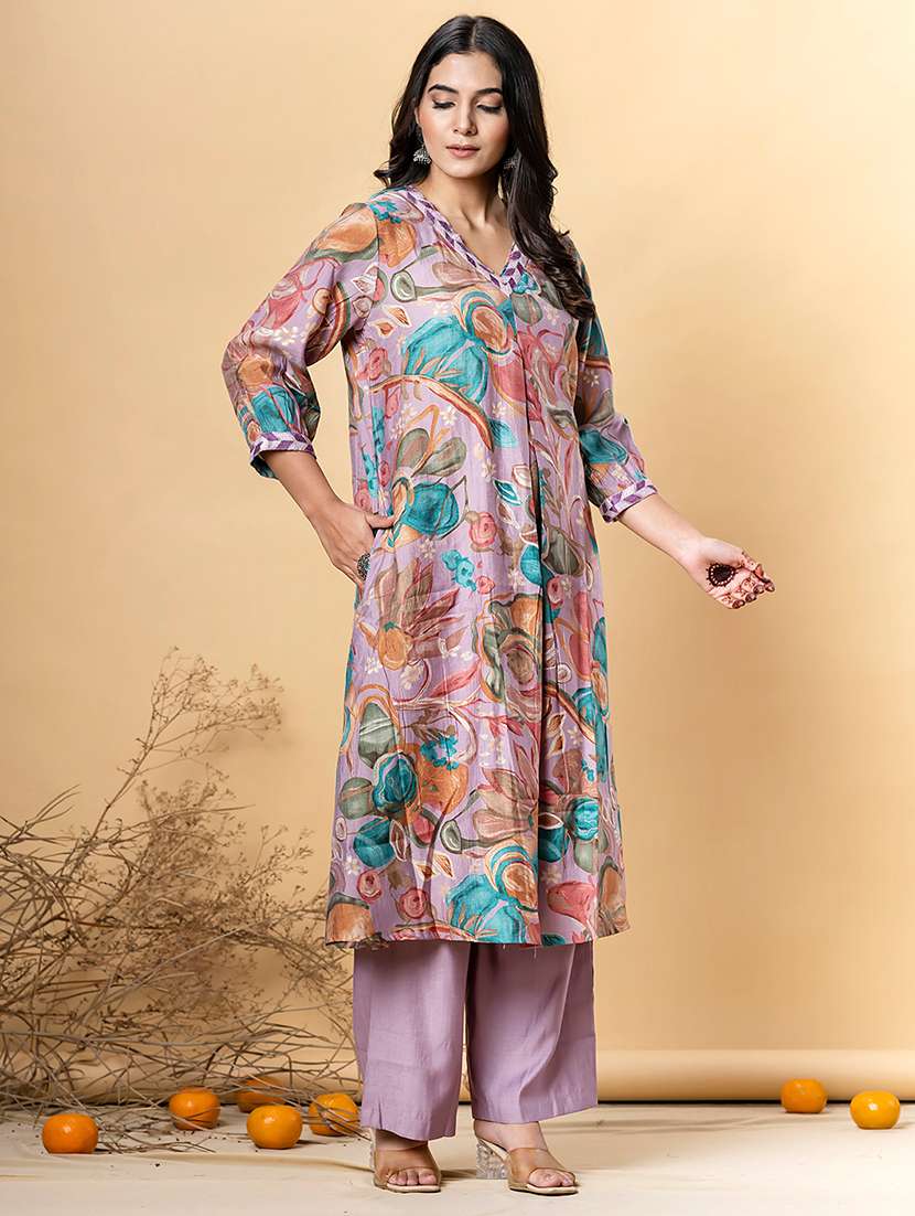 women printed three quarter sleeve kurta pant set - 21962279 -  Standard Image - 1