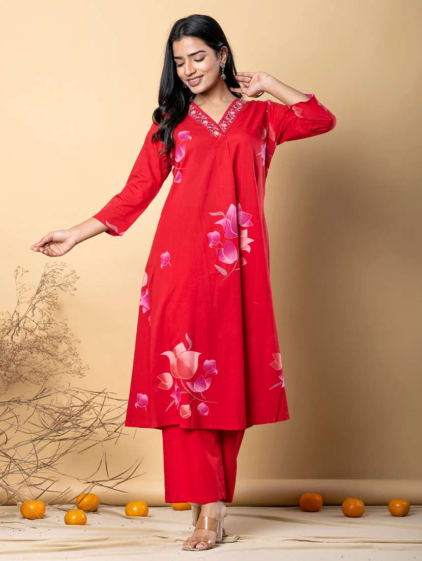 women printed three quarter sleeve kurta pant set - 21962282 -  Standard Image - 1