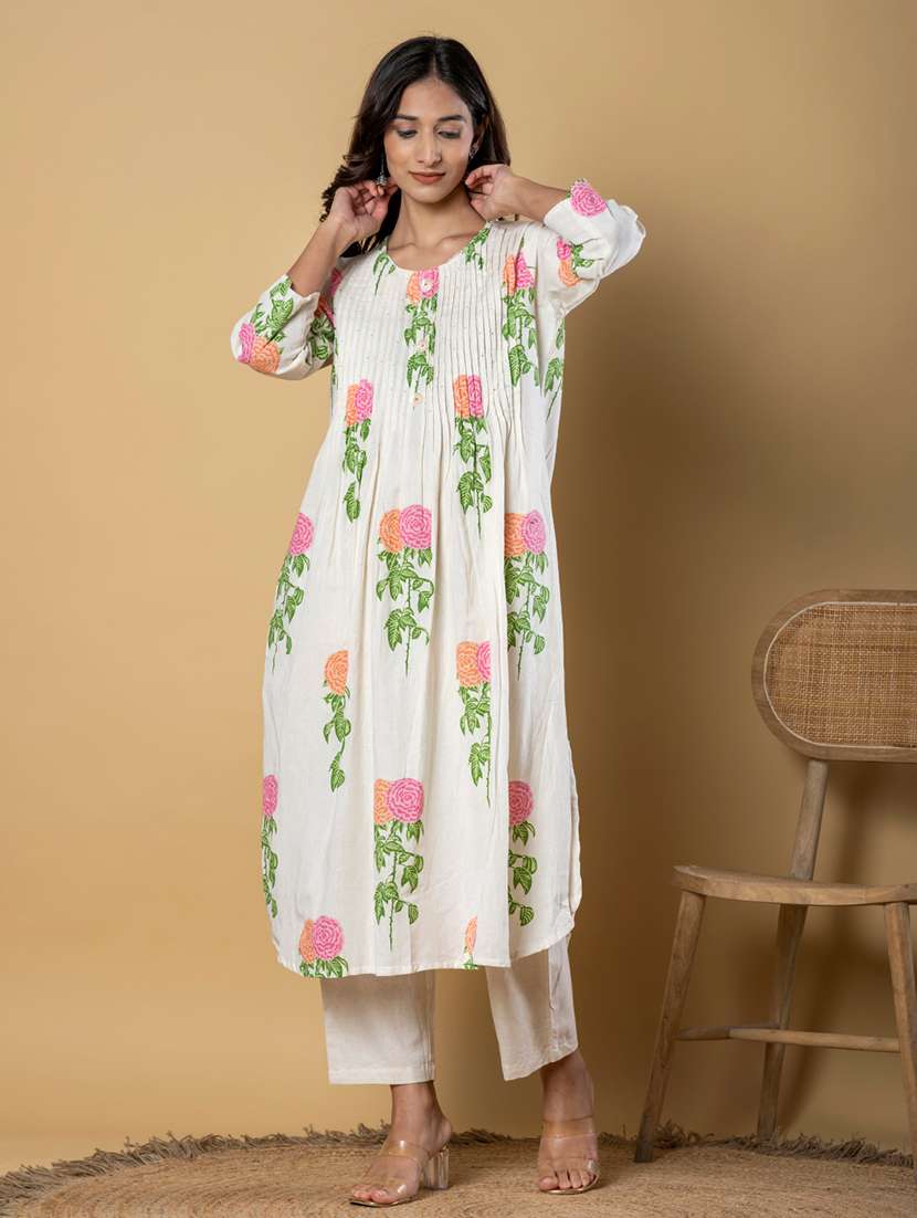 women printed three quarter sleeve kurta pant set - 21962304 -  Standard Image - 1