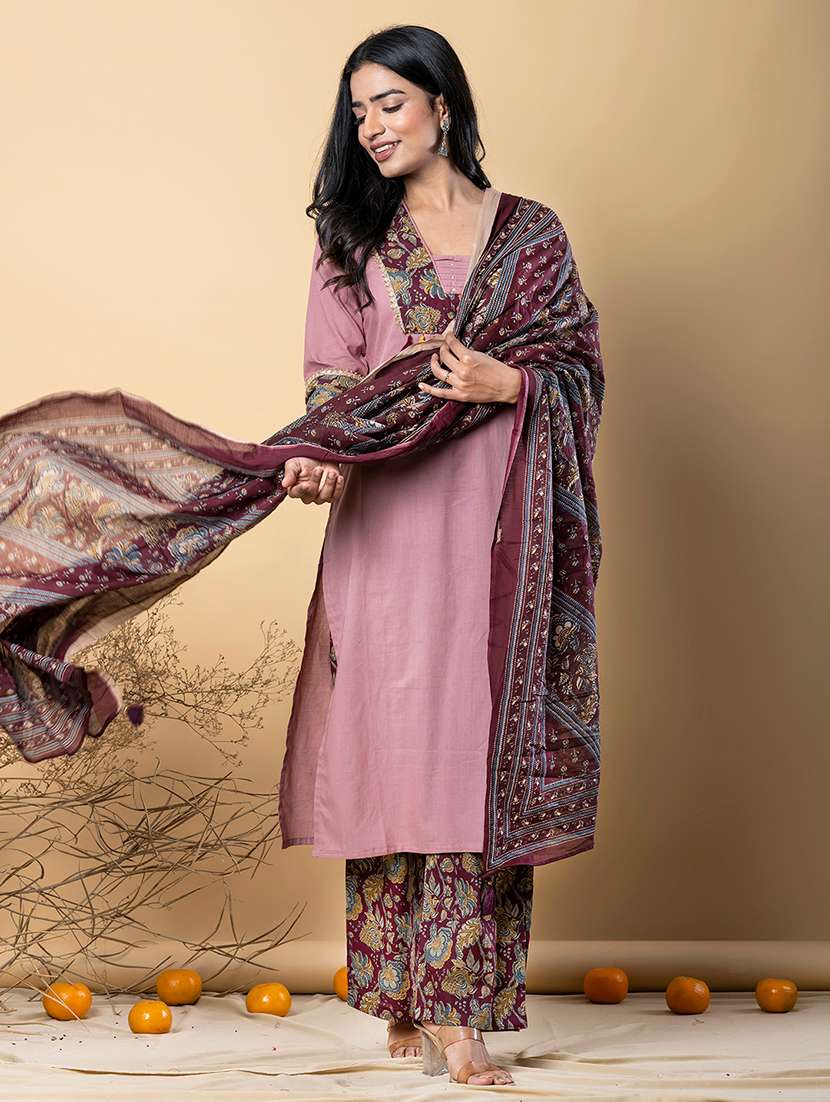 women three quarter sleeve kurta pant with dupatta set - 21962306 -  Standard Image - 1