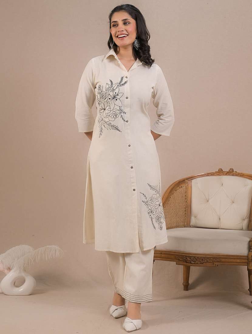 women embroidered three quarter sleeve kurta pant set