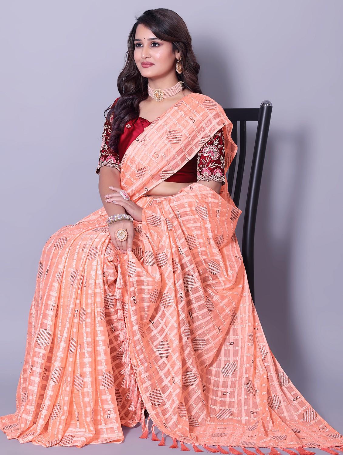 women checkered casual wear saree with blouse - 21962462 - Standard Image - 1